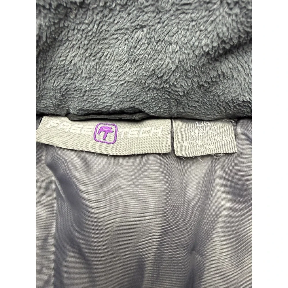 Free Tech Girls Gray Hooded Puffer Jacket Faux Fur Trim Mid-Length Size 12-14
